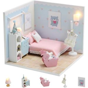 Kisoy Dollhouse Miniature with Furniture Kit, DIY 3D Wooden DIY House Kit A Corner of a Small Apartment Style with Dust Cover & LED, Handmade Tiny House Toys for Kids Adults Gift (Dream Room)