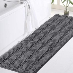 Turquoize Plush Chenille Bath Rug, Gray, Large (47" x 17"), Non-Slip, Washable, Water Absorbent & Soft, For Bathroom Floor