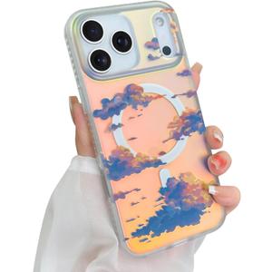 Cute Case for iPhone 17 Pro Max Case for Women Girls [ Compatible with Magsafe ] Aesthetic Cloud Pattern Design, Girly Glitter Sparkly Bling Protective Phone Cover, Iridescent Sun Set Sky (13 Twilight Sky)