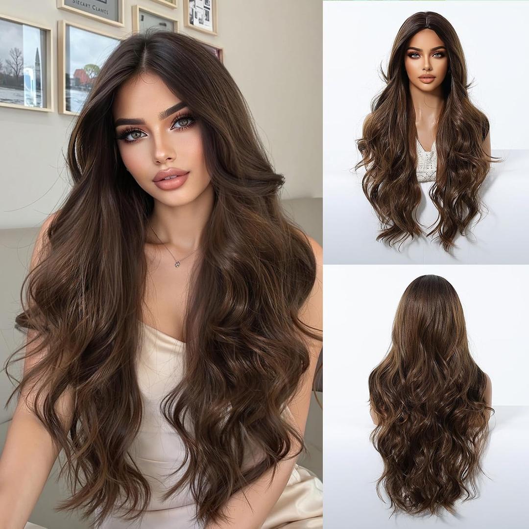Long Wavy Wig for Women Curly Hair Wig Ombre Brown Heat Resistant Soft Synthetic Wigs for Women Daily Use Party Cosplay