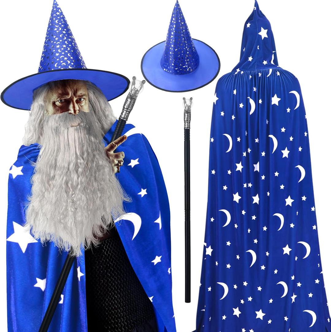 Hicarer 4 Pcs Halloween Wizard Costume Set Include Wizard Hat Cloak Wig Beard Wand Costume Accessories for Adults (Blue)