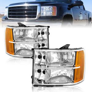 AS Headlights for 2007 2008 2009 2010 2011 2012 2013 GMC Sierra Headlights for 07-13 Sierra 1500/07 08 09 10 11 12 13 14 Sierra 2500 HD/3500 HD with Chrome Housing Amber Reflector Clear Lens Pair (OE Type)