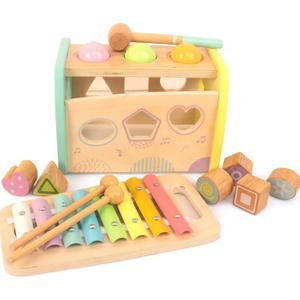 Hammering Pounding Toys Wooden Educational Toy Xylophone Shape Sorter, Birthday Gift for 3 Years Boys Girls Baby Toddler Kids Developmental Montessori Learning Toy (Yellow)