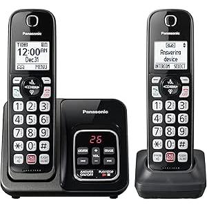 Panasonic Cordless Phone with Answering Machine, Advanced Call Block, Bilingual Caller ID and HighContrast Display, Expandable System with 2 Handset Cordless Telephones  KXTGD832M (Metallic Black)