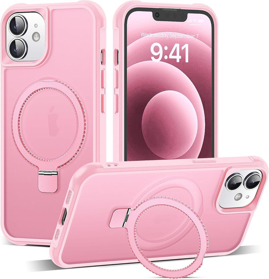 Compatible with iPhone 12 Case & iPhone 12 Pro Case 6.1" with Invisible Ring Stand [Compatible with Mag-Safe] Translucent with Magnetic Kickstand, Pink