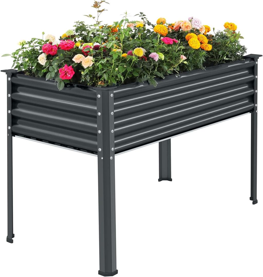 Land Guard Galvanized Raised Garden Bed with Legs, 482432in Large Metal Elevated Raised Planter Box with Drainage Holes for Backyard, Patio, Balcony, 400lb Capacity(Grey) 