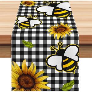 2 x Sunflower Bee Table Runner 13*72 inch, Buffalo Plaid Sunflower Bee Table Runner Seasonal Summer Flowers Holiday Plaid Farmhouse Kitchen Dining Table Decoration for Indoor Outdoor Home Party Decor