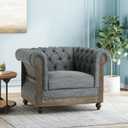 Accent Chair, Chesterfield Inspired Club Chair in Charcoal Fabric, Deep Button Tufting, Scrolled Tuxedo Arms, Birch Wood Legs, Ideal for Living Room Decor. Animal fur. There is a Dent.