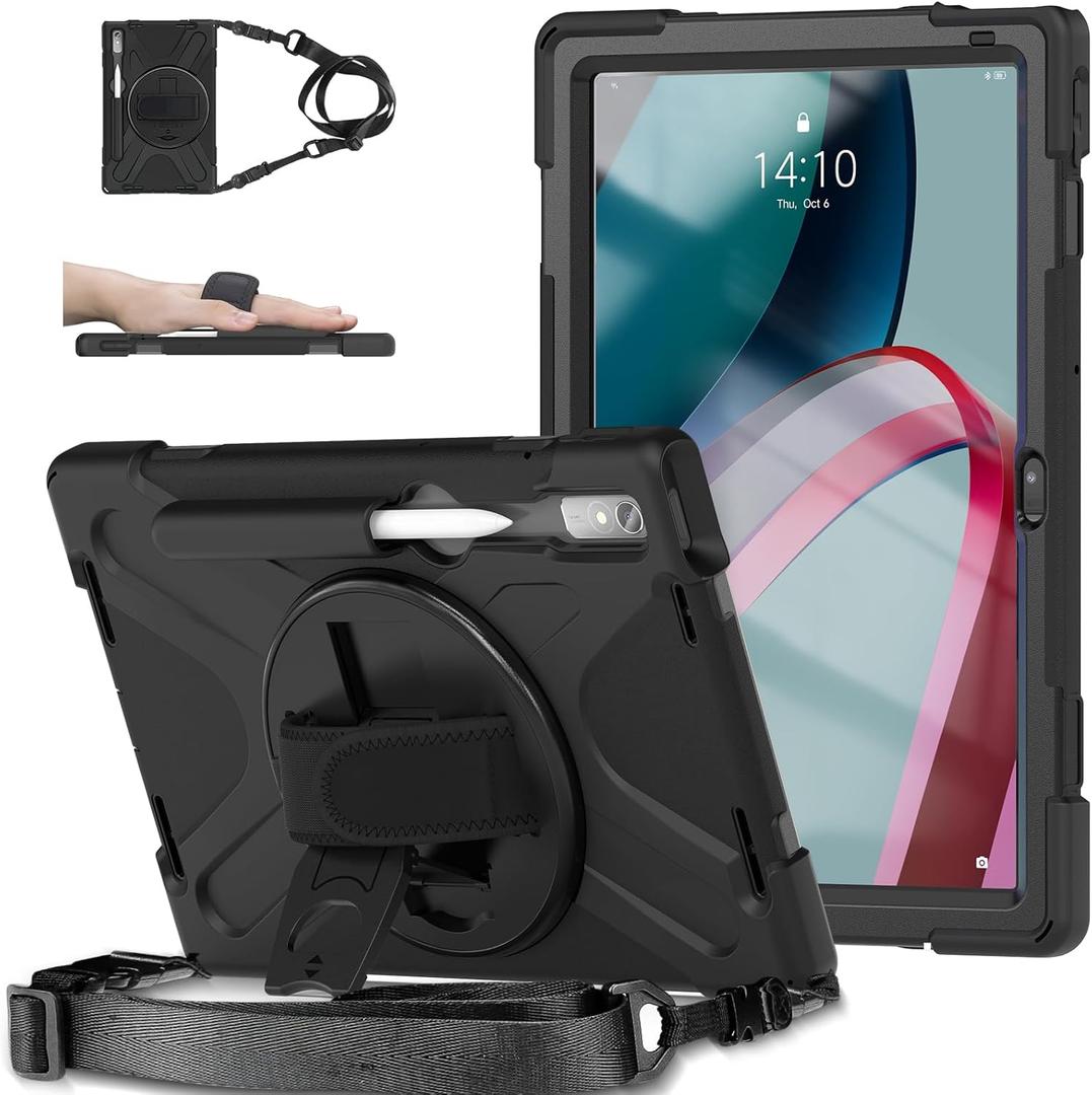 Junfire Shockproof Case for Lenovo Tab P11 Pro Gen2 11.2 inch (TB-132FU/TB-138FC) 2022, Heavy Duty Rugged Case with Stylus Holder/Hand Strap/360Rotating Kickstand/Shoulder Belt, Black