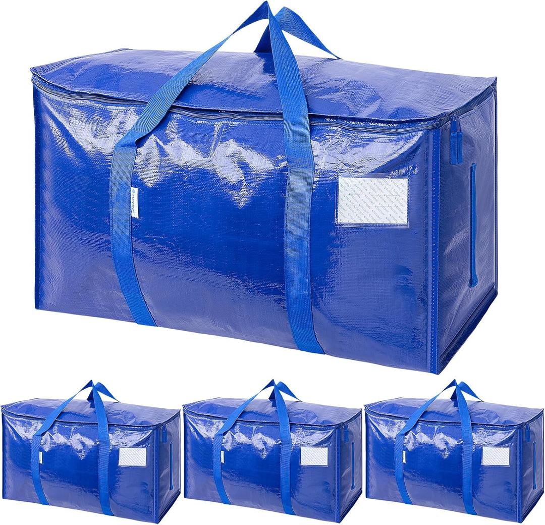 TICONN 4 Pack Extra Large Moving Bags with Zippers & Carrying Handles, Heavy-Duty Storage Tote Moving Boxes for Space Saving (Blue-24 Gallon)