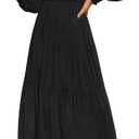 ZESICA Women's Casual Long Sleeve Crew Neck High Waist Smocked Flowy Tiered Midi Dress (Medium, Pureblack)