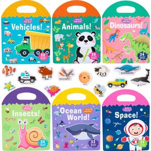 6 Pack Jelly Reusable Sticker Books for Toddlers 1-3 2-4 Years, Portable Travel Toys Sticker Activity Book for Kids 2 3 4 Year Old Girls Boys, Animal Insect Dinosaur Ocean Space Car