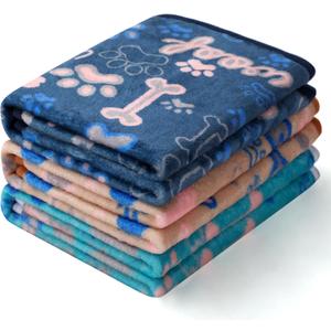 Luciphia 1 Pack 3 Blankets Fluffy Premium Fleece Pet Blanket Flannel Paw Bone Printed Throw for Dog Cat (Medium 30"x20", Khaki/Blue/Navy)
