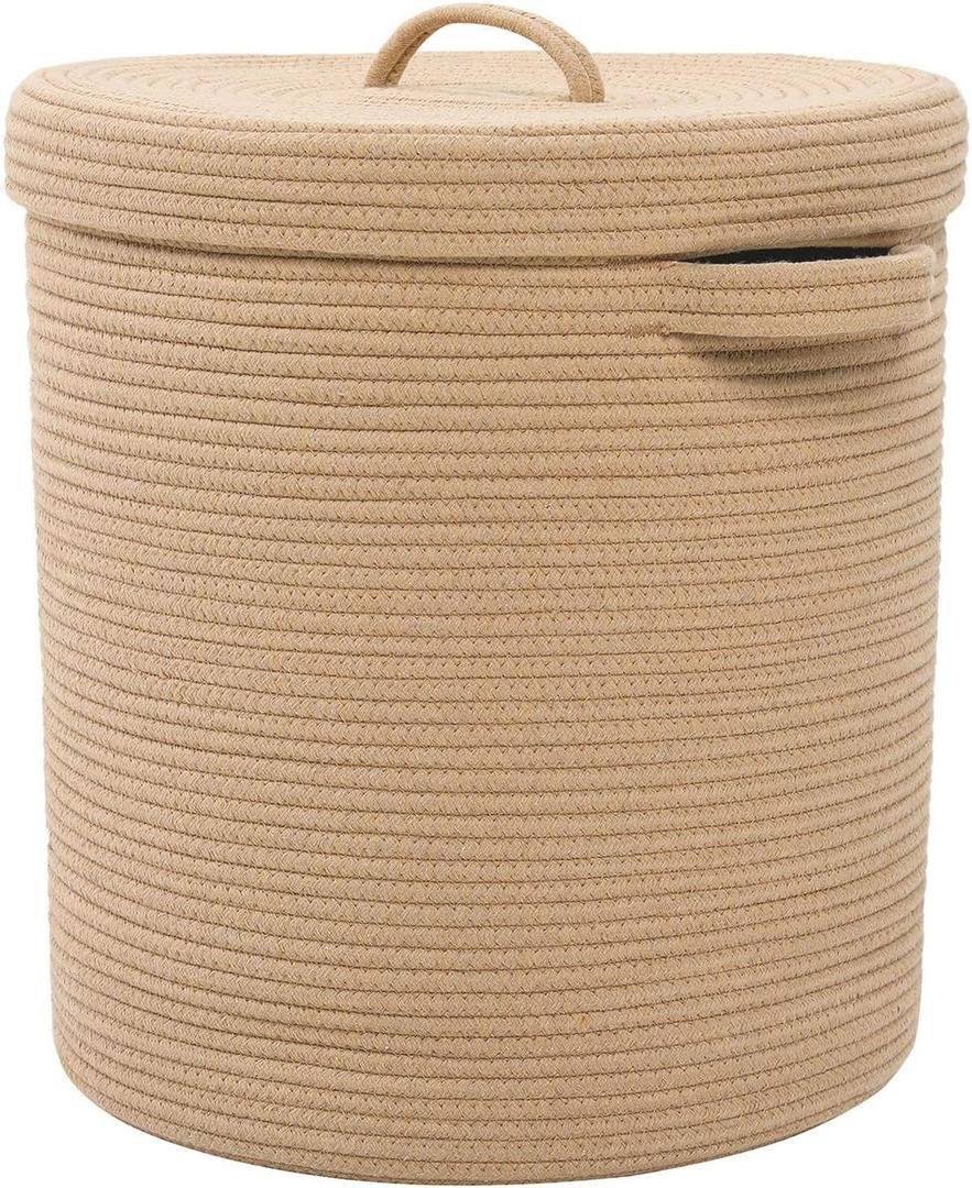 16" x 16" x 18" Extra Large Storage Basket with Lid, Cotton Rope Storage Baskets, Laundry Hamper, Cloth Bin, for Clothes Towels Blankets Pillows Storage in Living Room, Full Beige with Cover