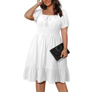 Eytino Plus Size Dress for Women Short Sleeve Square Neck Casual Mini Short Dresses Beach Vacation (2X, White)