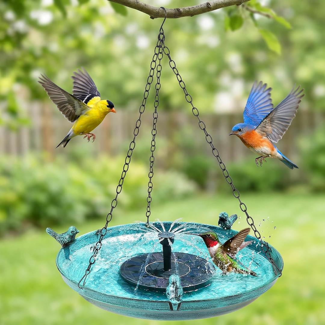 DazSpirit Hanging Bird Bath with Solar Fountain, 14.9" Metal Bird Bath for Outdoors, Fixed Solar Panel with 4 Nozzles, 3 Removable Decorative Birds, Hanging Birdbath for Garden Patio Porch Yard Gift