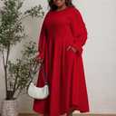 XNMHL Plus Size Church Dresses for Curvy Women Formal Empire Puff Sleeve African Attire Flowy Hem Outfits (Red, XL)