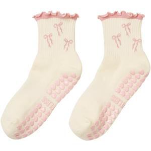 Shapes Studio Half Calf Grip Socks, Cute Fruit Pilates Socks, Ruffle Socks, Non-Slip for Barre Yoga (US, Numeric, 5, 10, Regular, Regular, Soft Pink Bow, Effortless Club)