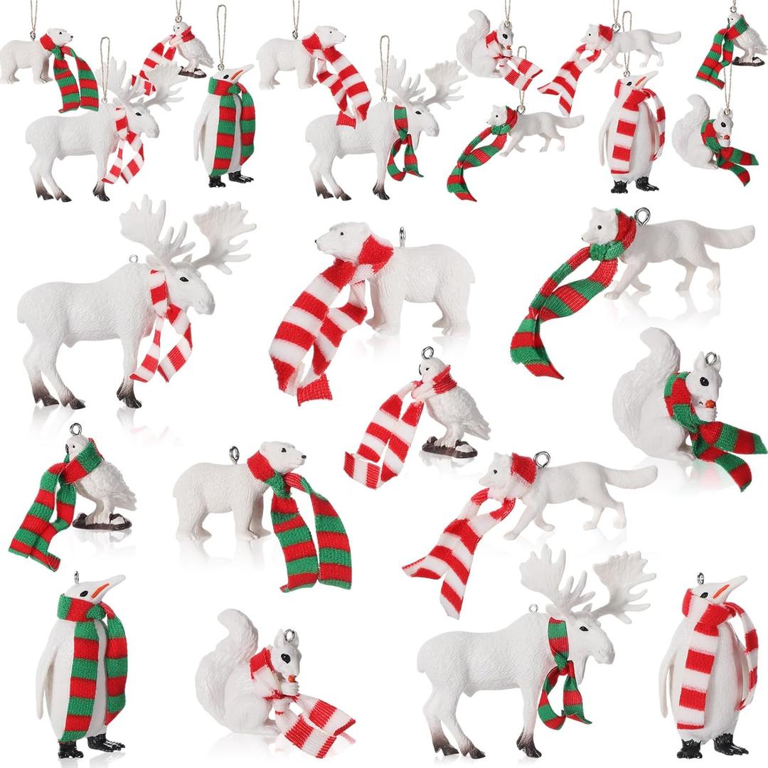 Blosssound 12 Pcs Christmas Polar Animal Ornaments 3D Christmas Tree Ornaments with Mini Scarves White Winter Tree Decorations Polar Bear Fox Squirrel Owl Hanging Pendant Figurines Party Favors