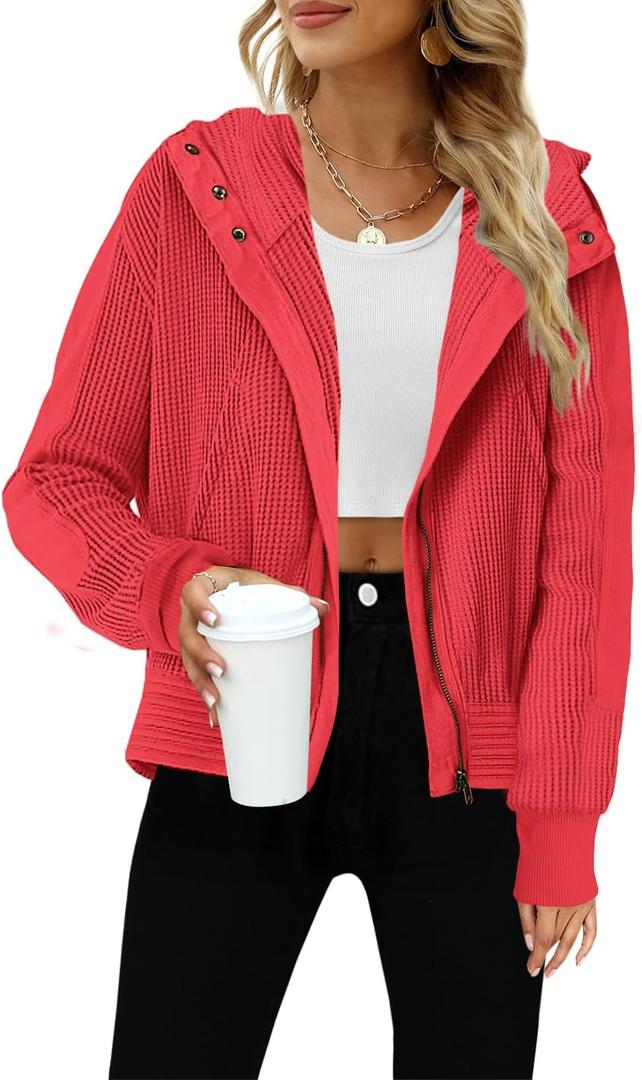 Yanekop Cropped Zip Up Hoodie Women Waffle Knit Fall Jackets Casual Corduroy Jacket 2025 Fall Outfits with Pockets (M)