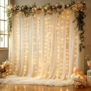 10x10FT Cream Wrinkle Free Backdrop Curtains with Lights String for Parties - Photo Curtain Backdrop with Lights for Wedding Decorations, Bridal Baby Shower Birthday Party Photography Background (10FTx10FT (W5'xH10', 2 Panels))