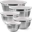 FineDine Stainless Steel Mixing Bowls Set with Lids, Home Kitchen Cooking Essentials Household Must Haves for Baking, 5 Pieces (Silver)