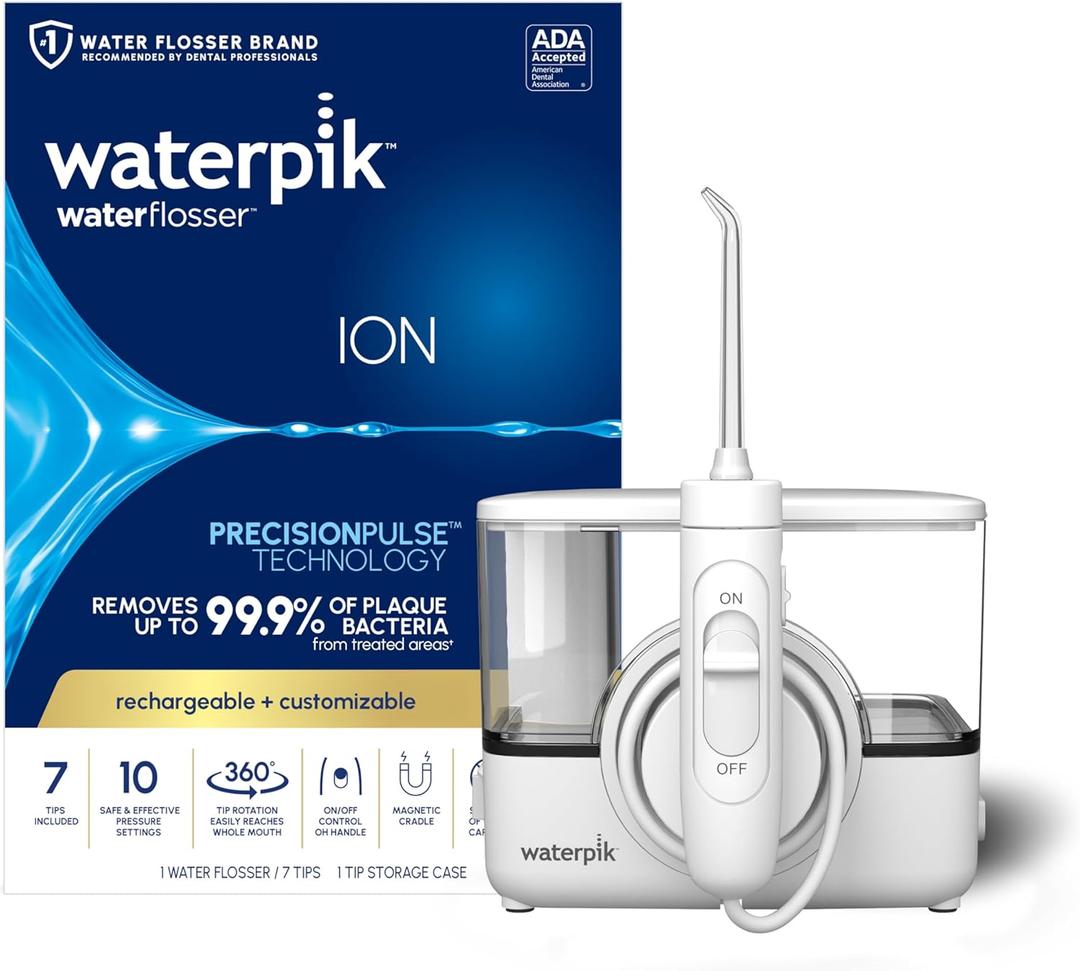 Waterpik ION Professional Water Flosser, Rechargeable and Portable for Teeth, Gums, Braces, 10 Settings, 7 Flossing Tips For Multiple Users And Needs, ADA Accepted, WF-12 White