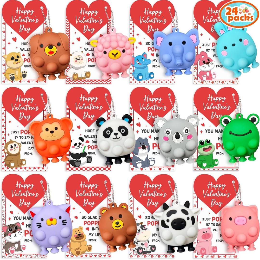 24PCS Valentines Day Cards for Kids School Classroom with 3D Animal Pop Suction Toys Valentine Day Exchange Gifts Bulk Fidget Toys for Toddlers Boys Girls Valentine's Party Favors Goodie Bag Stuffers