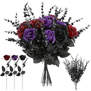 Ovveroche 20 Pcs Black, Purple, Red Artificial Roses and 28 Black Eucalyptus Stems for Halloween, Silk Fake Flowers with Bendable Stems, DIY Gothic Wedding Bouquet, Haunted House Decor