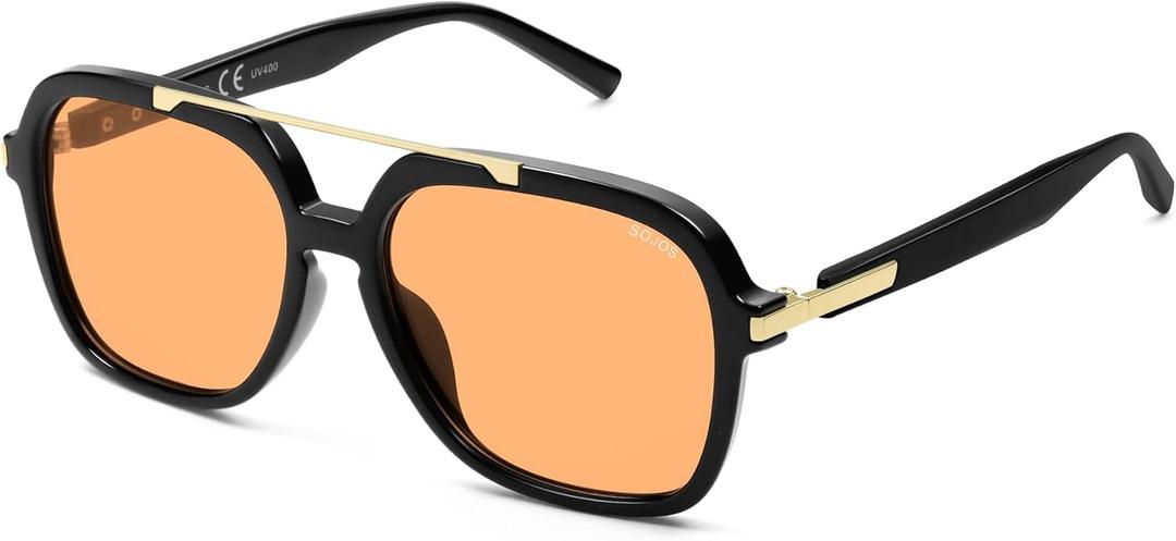 SOJOS Trendy Polarized Aviator Sunglasses for Women Men, 70s 80s Retro Square Aviators Sun Glasses SJ2672, (Black/Light Yellow (Light Tint With Low-polarization)