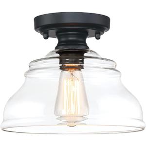 MEXO Industrial Semi Flush Mount Ceiling Light, Modern Clear Glass Light Fixture Farmhouse 10" Close to Ceiling Lights in Black Finish for Hallway Bedroom, Kitchen Entryway Cafe Bar Porch