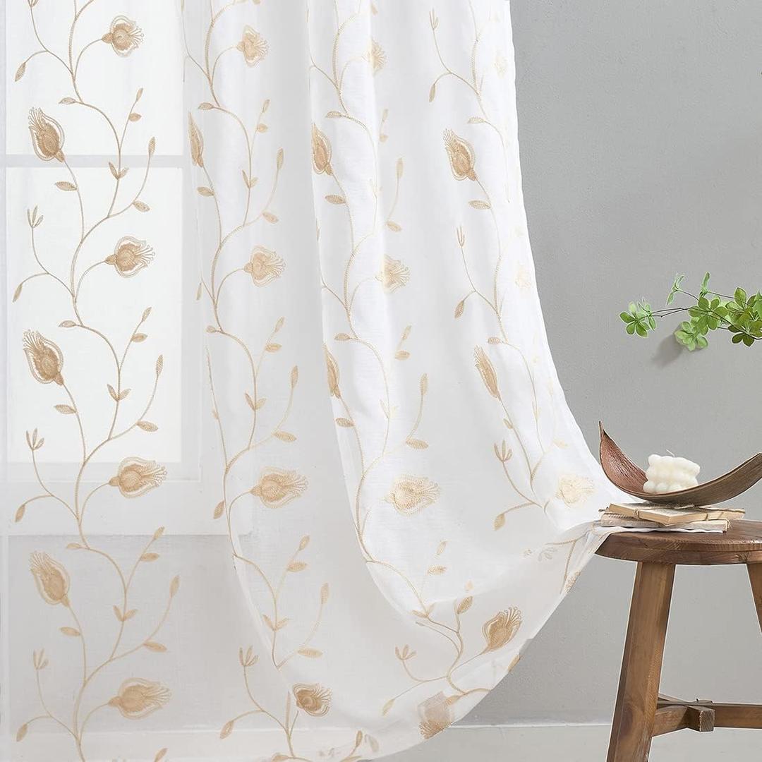 Embroidery Sheer Curtains Beige 63 Inch Length, Rod Pocket Voile Drapes for Living room, Bedroom, Window Treatments Semi Crinkle Curtain Panels for Yard, Patio, Villa, Parlor, Set of 2, 52"x 63".