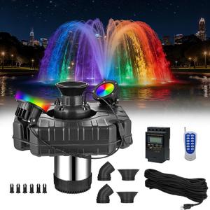 Pond Fountain Aerator with RGB Lights 110V, 15000GPH 1HP 750W Floating Fountain Pump with RGB Lights, Extra Dual Nozzles and 100ft Power Cord, Timer & Overheat Protection for Large Ponds/Lakes