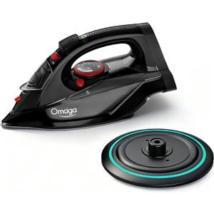 OMAIGA Cordless Iron for Clothes, 1500W Steam Iron Rapid Heating, Ceramic Soleplate, Auto Shut Off, Self-Clean, Anti-Calc, 3 Temperature Settings, 11.84oz Water Tank Ironing Clothes for Home, Black