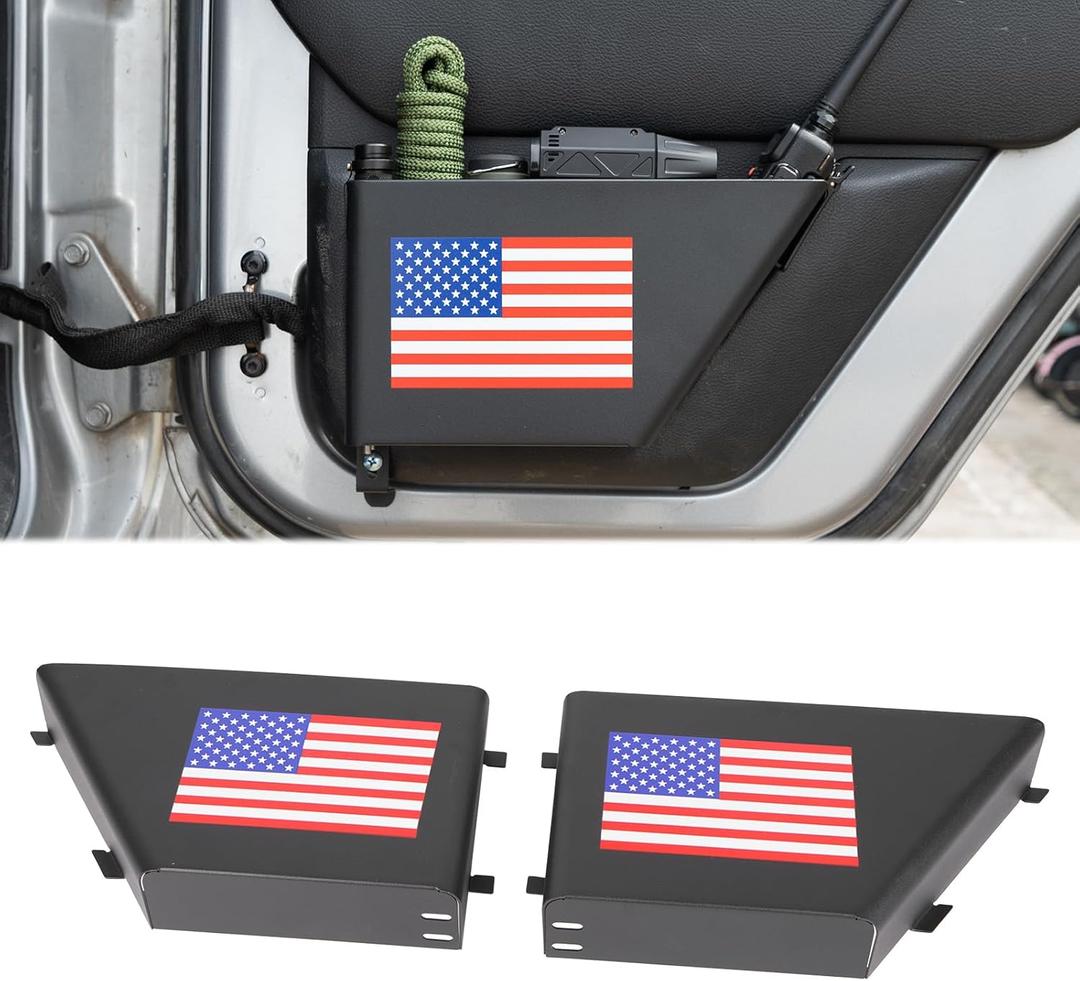 2 Pack Metal Rear Door Storage Box with USA Flag Logo Compatible with Jeep Wrangler JK JKU 2011+ 4 Doors,Door Side Insert Organizer Packet for JK Interior Door Storage Expansion Accessories