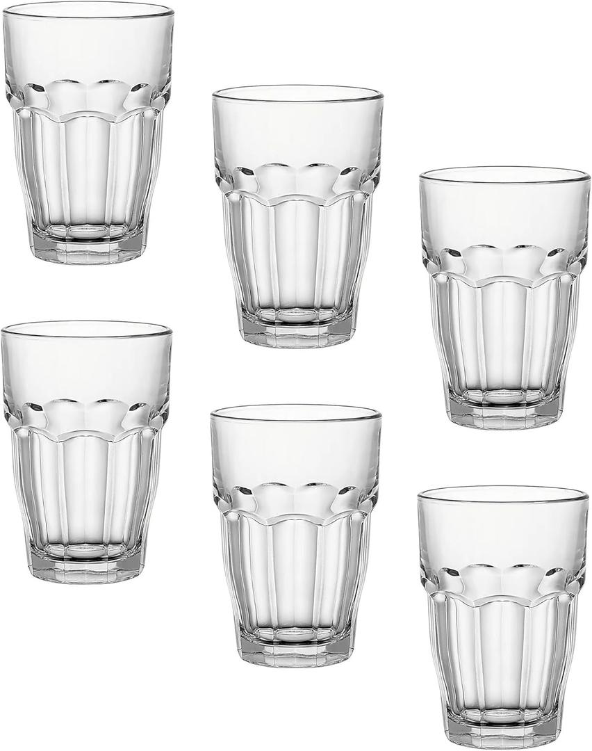 Bormioli Rocco Rock Bar Stackable Beverage, Set Of 6 Dishwasher Safe Drinking Glasses For Soda, Juice, Milk, Coke, Beer, Spirits  12.5oz Durable Tempered Glass Water Tumblers For Daily Use