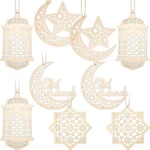 9 Pieces Ramadan Decorations for Home, Wooden Pendant Ornament Ramadan Kareem Hollow Moon Star Wind Light Shape Pendant Ornament Rustic Happy Eid Hanging Sign for Mubarak Eid Party Decorations