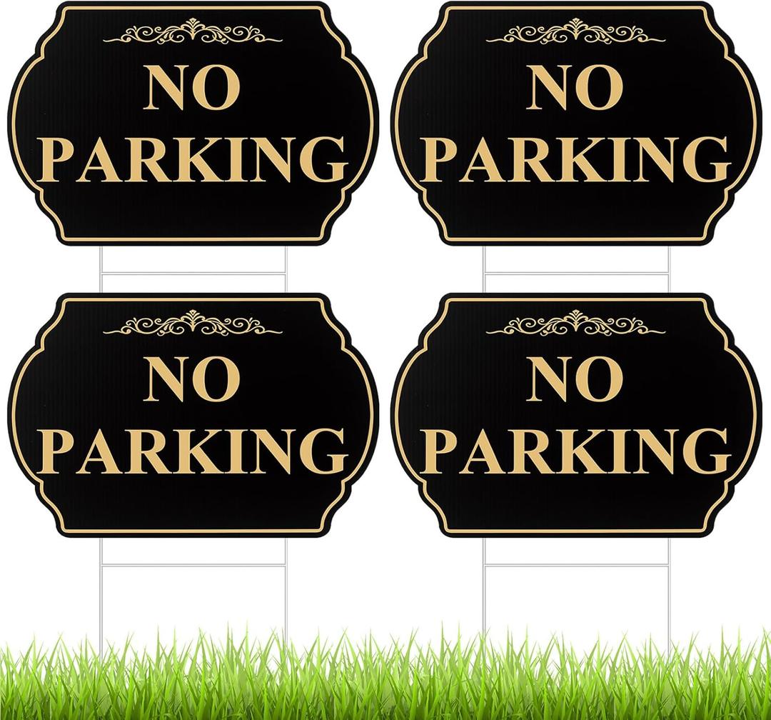 Juexica 4 Pcs No Parking Signs with Stand - 12" x 8" No Parking Yard Sign Double Sided, Heavy-duty Metal, Weatherproof & UV Protected for Driveway, Private Property(Gold Black)