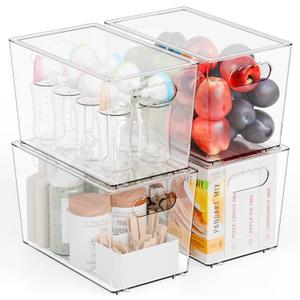 Yieach 4 Pack Stackable Clear Organizer Bins With Lids & Handle, 11.1″ Deep Plastic Hall Closet Storage Bins for Pantry, Refrigerator and Cabinets, Acrylic Container for Organizing Toy, Snacks Organizer