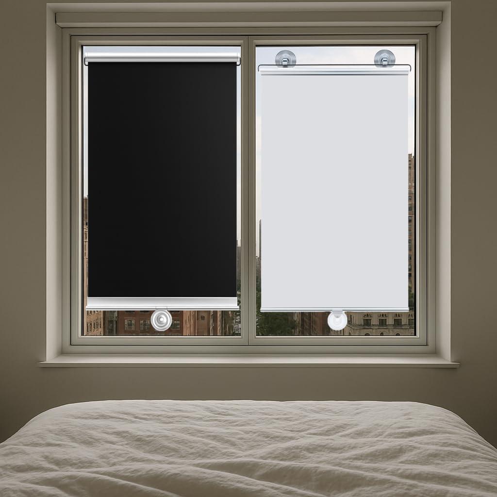 Yoebor No Drill Blackout Blind Shade with 3 Suction Cups, Silver & Black 100% Shade Temporary Portable Roller Window Curtain for Home Office Car, W26.8 x H 49.2"