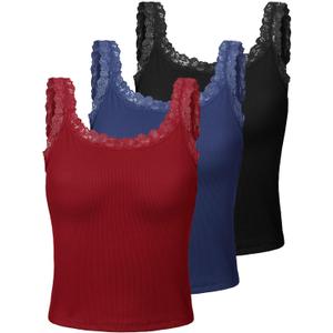 Sintege 3 Pcs Women's Lace Patchwork Tank Top Lace Camisole Tank Sleeveless Cami Crop Lacework Trim Y2k Tops (Medium, Black, Navy Blue,  Red)