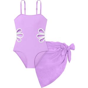 Arssm Girls One Piece Swimsuits Teen Girl Swimsuit Cut Out Bathing Suit with Cover Up Skirt Swimwear 7-16Y (8 Years, Purple)
