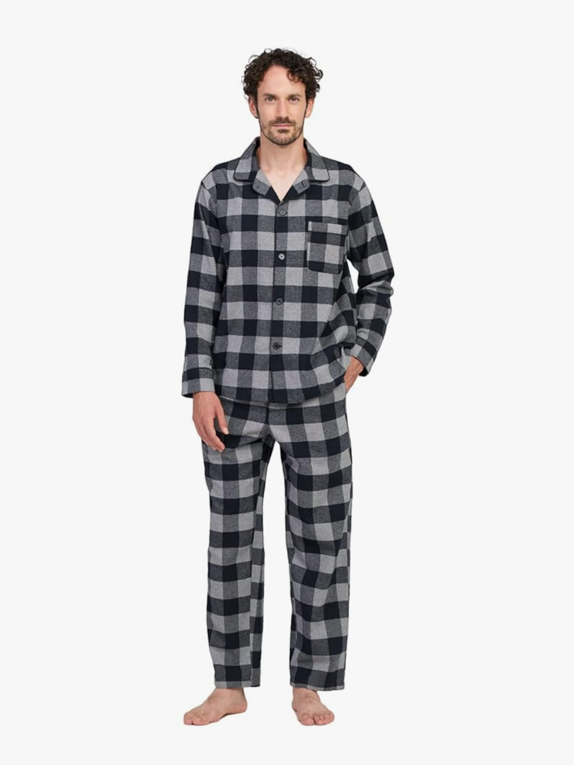 LAPASA Men's Pajama Set 100% Cotton Flannel Top Long Sleeve & Bottom Pants Plaid Sleepwear PJ Sleepwear Lounge Comfy M79/M95 L