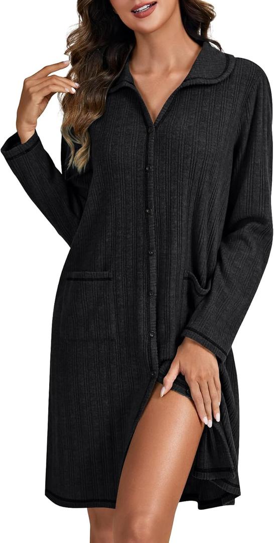 LYANER Women's Collar V Neck Long Sleeve Ribbed Knit Button Down Sleep Nightgown with Pockets (Black)