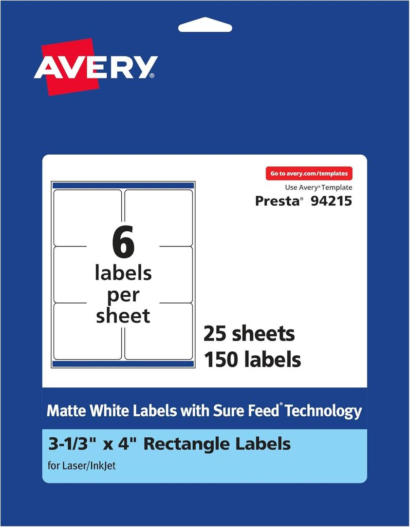 Avery Matte White Rectangle Labels, Sure Feed Technology, 3-1/3" x 4", 150 Matte White Printable Labels