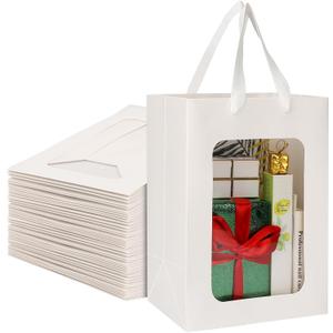 EUSOAR Gift Bag with Window, 50pcs 7"x5.12"x9.84" White Kraft Paper Tote Shopping Bags with Transparent Window, Clear Bouquet Gift Bags With Handle for Gift Wrapping Festival Bridal Party Gifts