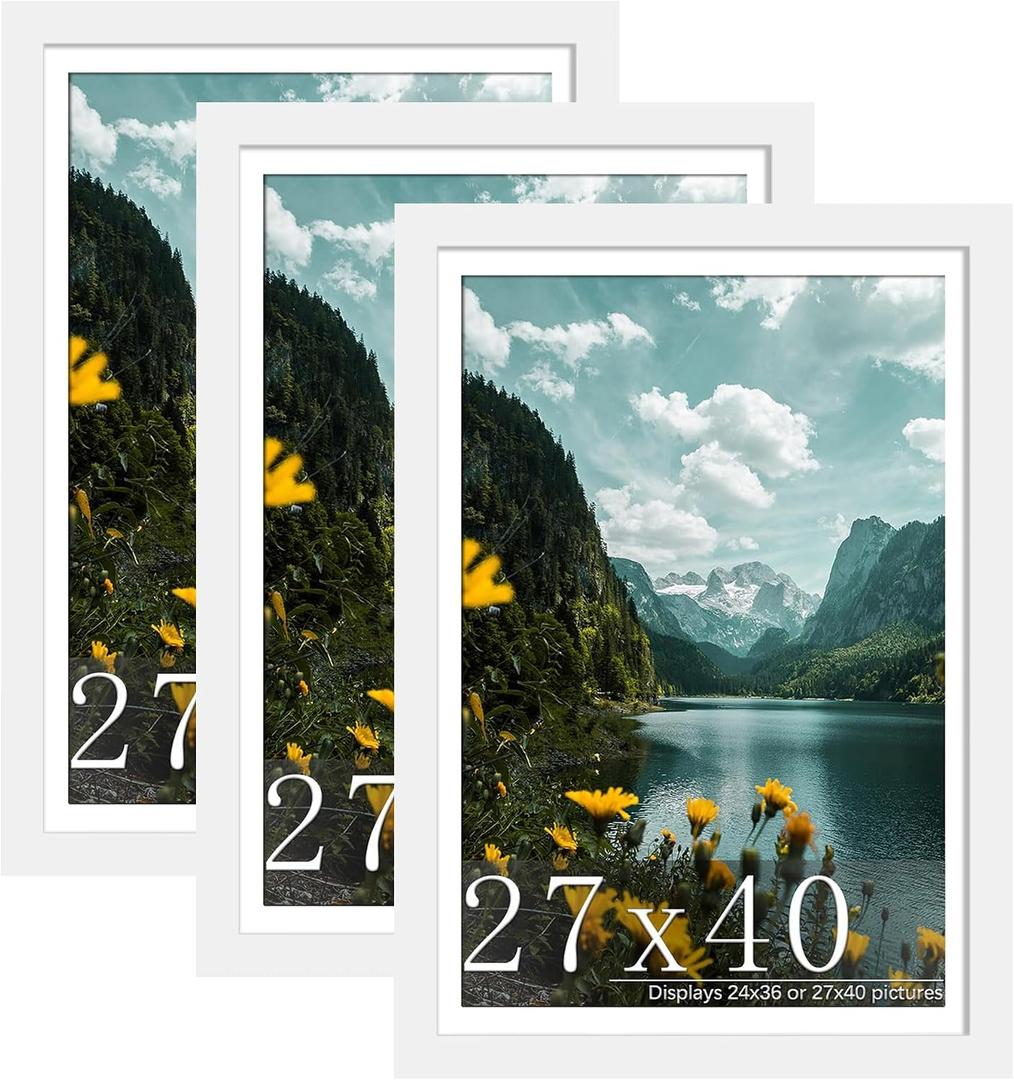 Picrit 27x40 inch Poster Frame 3 Pack, White Poster Frame, Display Poster 24 x 36 with Mat or 27 x 40 without Mat for Horizontal or Vertical Wall Mounting