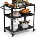 Grill Cart Table Indoor & Outdoor with 4 Lockable Casters, Hooks & Side Handle, Multifunctional Pizza Oven Stand for Patio Kitchen