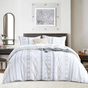 CozyDH Grey Stripe Boho Duvet Cover Set King, 3pcs 100% Cotton Ultra Soft Breathable Aztec Comforter Cover with Zipper Ties, 1 Bohemian White Duvet Cover & 2 Pillowshams(King,Grey) (King (104"x 90"), Beige/Charcoal/White (No Comforter))