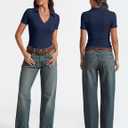 Meetrendi Womens Short Sleeve Work Shirts Summer V Neck Business Casual Polo Tops 2026 Fitted Basic Office Blouses (Blue, S)